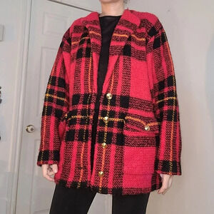 Vintage red plaid mohair blend jacket with gold buttons by Colour Eighteen